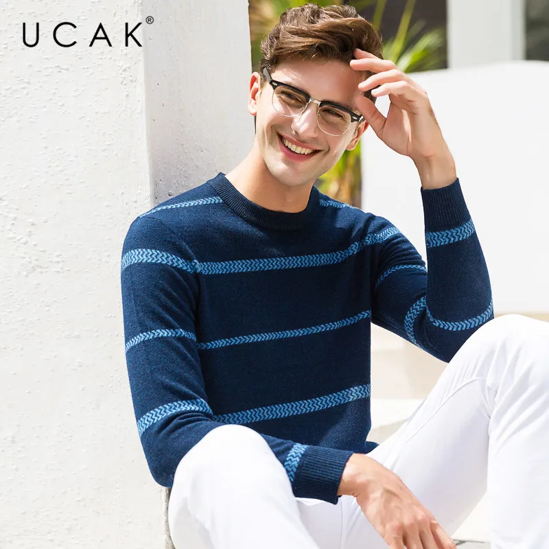 Reviews UCAK Brand Pure Merino Wool Sweater Men Casual Striped Pull Homme O-Neck Pullover Men Autumn Winter Warm Cashmere Sweaters U3074