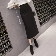 9088 зимняя женская длинная юбка в стиле ретро с высокой талией, шерстяная черная элегантная длинная юбка с разрезом, официальная прямая женская юбка