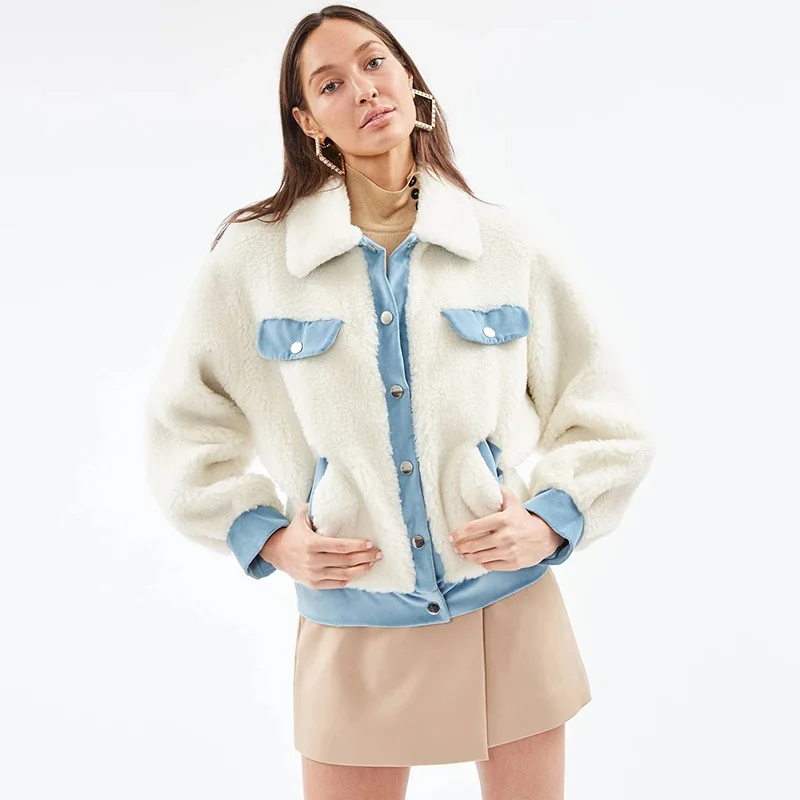 

Zoulv 2020 Boyfriend Winter Lamb Wool Denim Stitching Lapel Thickened Fashion Loose Warm Cardigan Jacket Cotton-padded Jacket