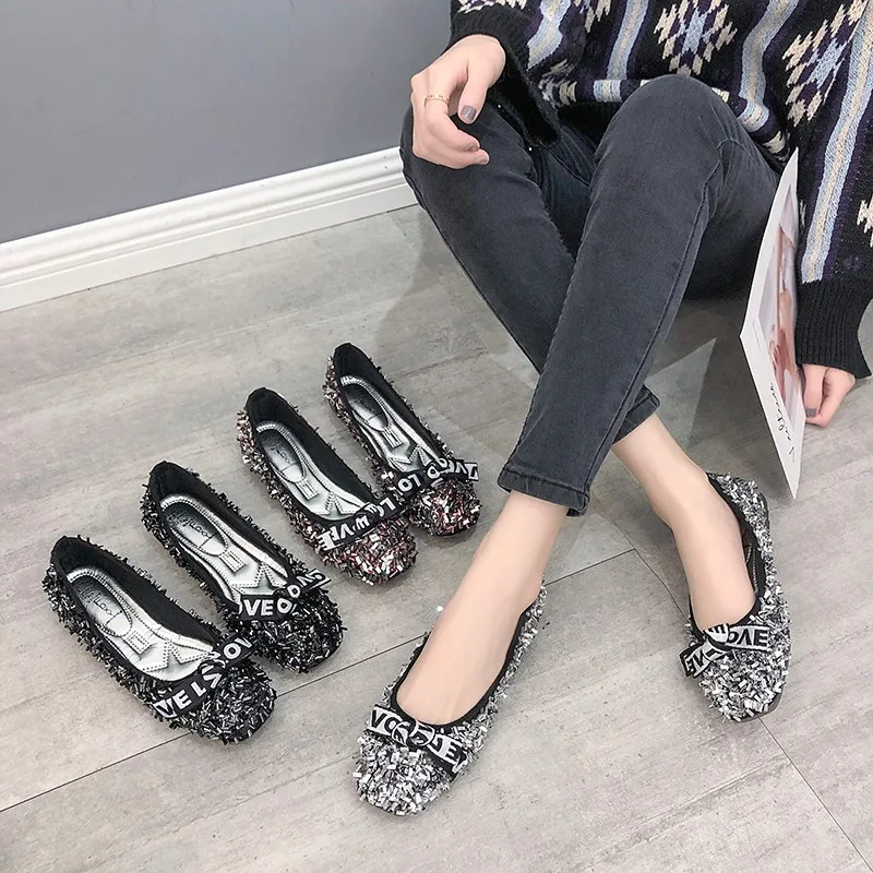 

Square Toe Bow Rhinestone flat shoes female 2020 spring new soft bottom flat pea shoes shallow mouth women's shoes U15-33