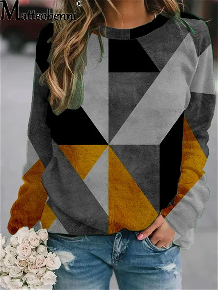 Geometric V Neck Printed Loose Sweatshirt Tops Autumn Women's Casual Vintage Street Oversize Long Sleeve Large Size Pullover