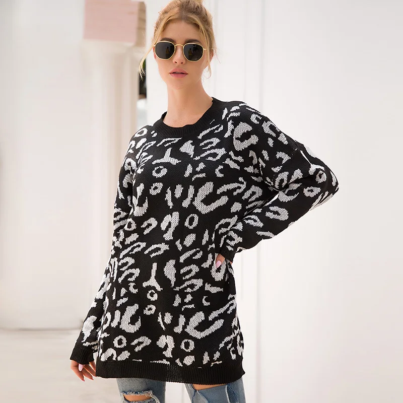 Fitshinling зима леопардовые длинные пуловеры свитера для женщин Boho свободный джемпер Pull Женский, с длинным рукавом вязаный свитер распродажа