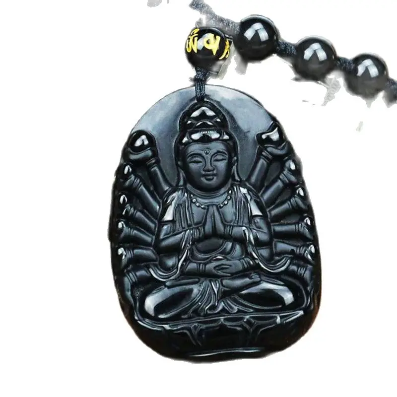 

New Fashion Necklace Pendant Natural Obsidian Hand Carved Black Zen Guanyin Head Beaded Pendant