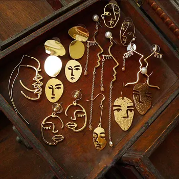 

HUANZHI 2019 Retro Abstract Simple Asymmetry Curve Human Face Modeling Pearl Drop Earrings for Women Girls Wedding Party Jewelry