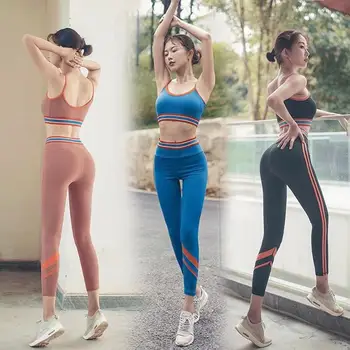 

2019 New Women Hit Color Stripe Patchwork Sports Bra + Tight Yoga Pants Running Fitness Sportswear Ladies Fashion Yoga Set S~XL
