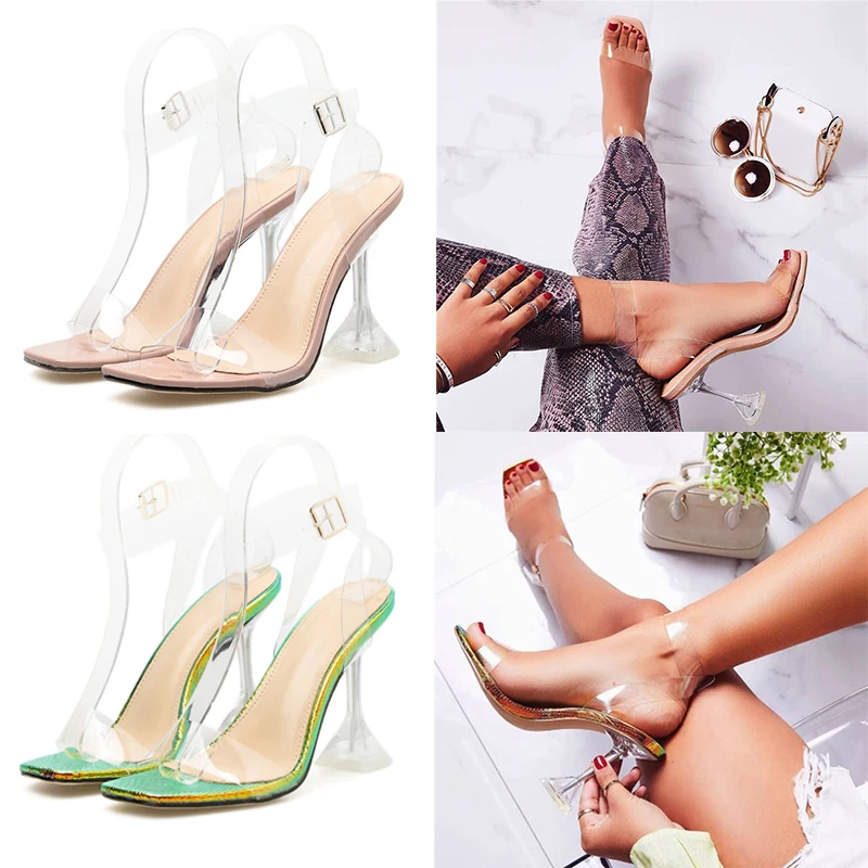 

2020 Summer Women 9.5cm High Heels Valentine Green Transparent Sandals Platform Fetish Gladiator Strange Shoes Glitter Pumps