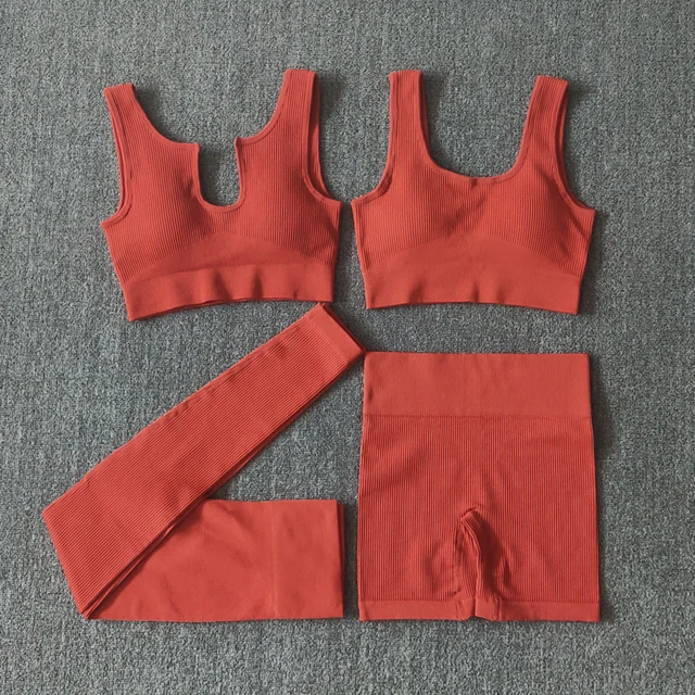 2/4/6PCS Seamless Women Yoga Set Workout Sportswear Fitness Bra Sport Pants Gym Clothing High Waist Leggings Shorts Sports Suits 4pcsRed