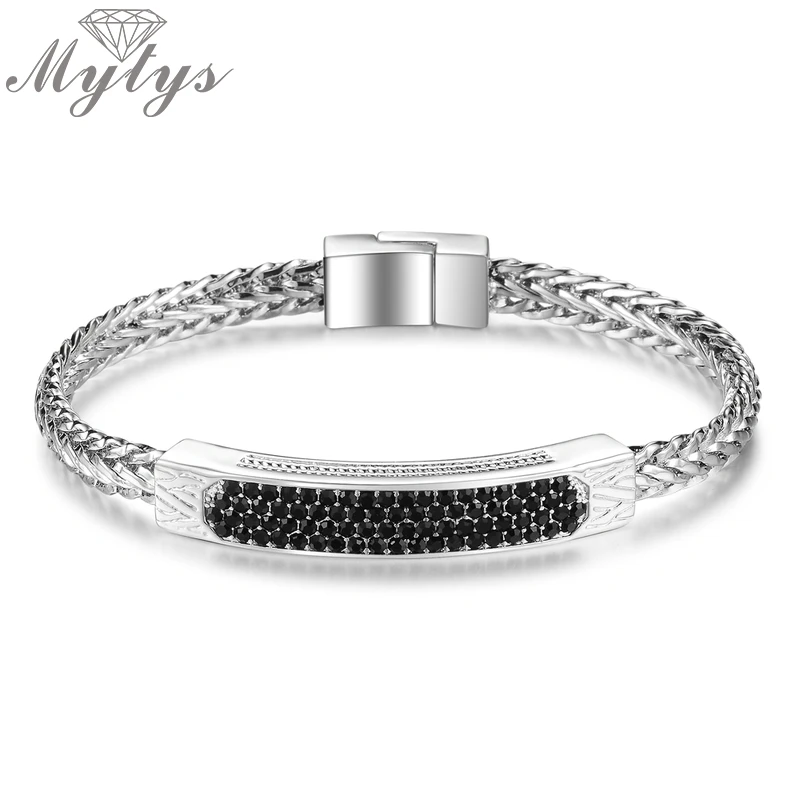 

Mytys Full Setting Black Marcasite ID Bracelets Design Magnet Clasp 18CM Snake Chain Bracelet for Women Unisex Jewelry B1154