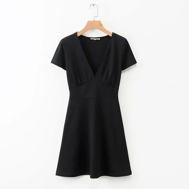 

2019 Europe And America Summer New Style WOMEN'S Dress Slim Fit Slimming Solid Color French V-neck Dress Women's 5644390