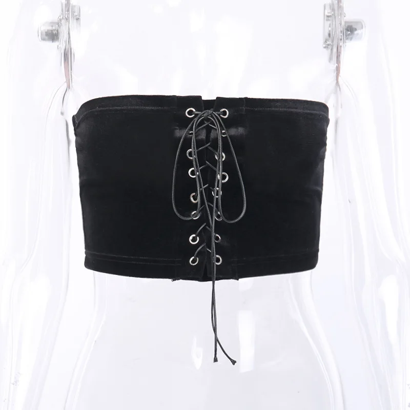 YiDuo Lace Up Strapless Sexy Black Crop Top Bandage Tube Top Streetwear Women Velvet Top Fashion Tank Top Mujer Club