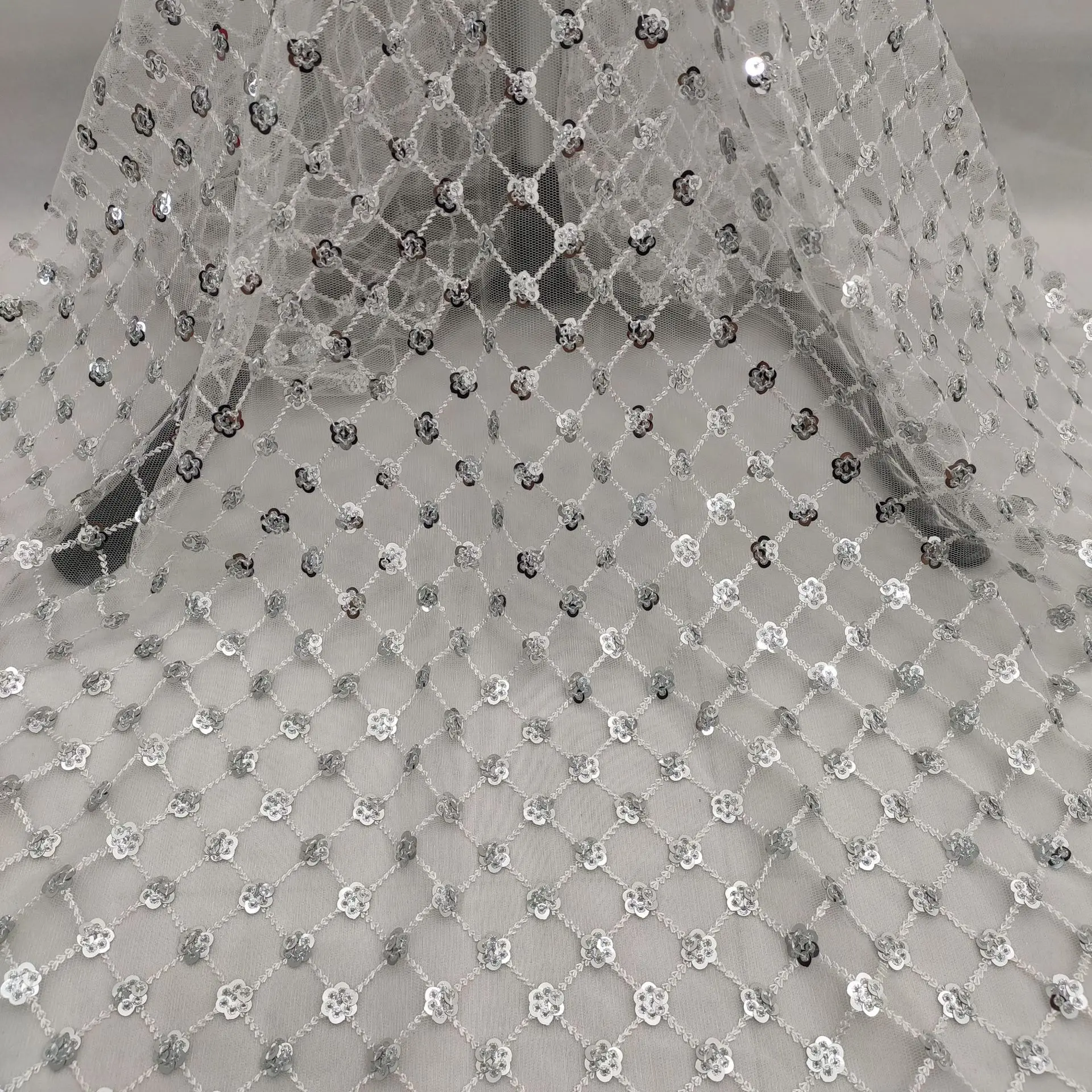 

Silver sequins on Square mesh embroidery lace fabric African French Lace Wedding Bridal Gown Dress fabric