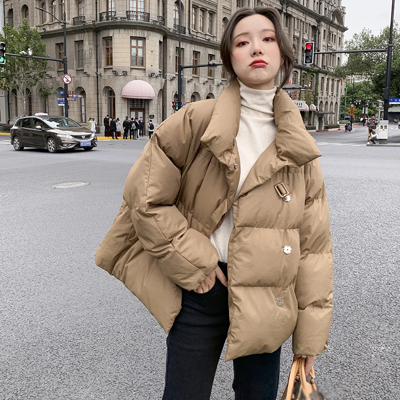 Осенне-зимнее корейское повседневное пальто, пальто Harajuku, Женская хлопковая стеганая куртка, свободные пальто, утолщенная теплая хлопковая однотонная верхняя одежда - Цвет: Khaki