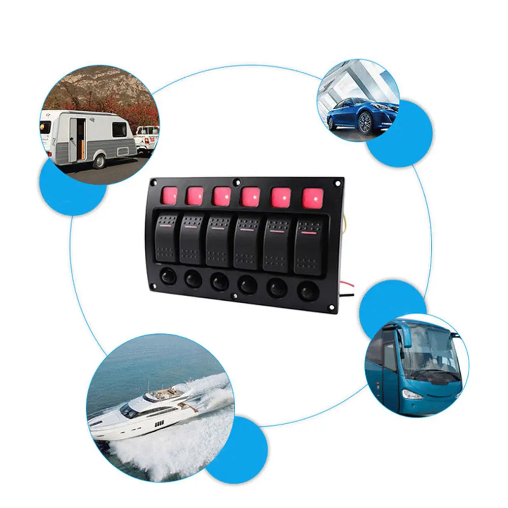  IZTOSS 12V-24V DC 6 Gang Red LED Toggle Rocker Switch Panel With Waterproof Circuit Breaker for Car - 4000340788621