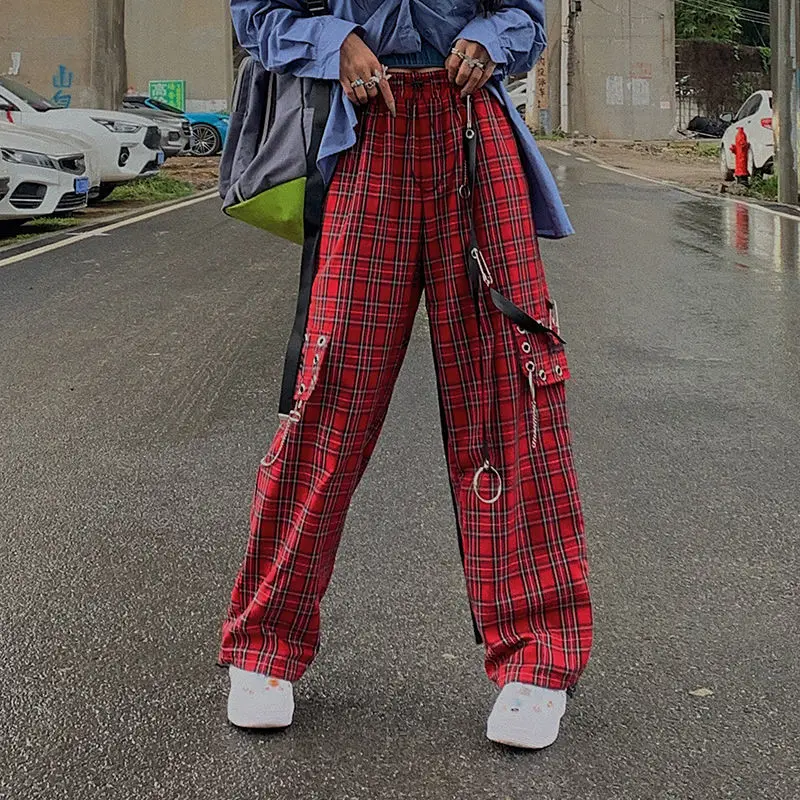 HOUZHOU Punk Pants Women 2020 Autumn Streetwear Plaid Pants Women Hip Hop Wide Leg Pants Checkered Pants Fashion Women Trousers HOUZHOU Punk Pants Women 2020 Autumn Streetwear Plaid Pants Women Hip Hop Wide Leg Pants Checkered Pants Fashion Women Trousers