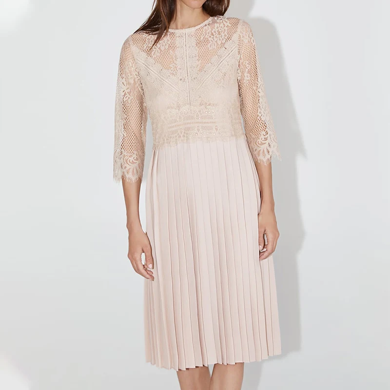 Kaufen 2020 neue Design Damen Fee Kleid Oansatz Spitze Patchwork Plissee Frauen Solide A Line Langarm Süße Frühling Kleider Vestidos