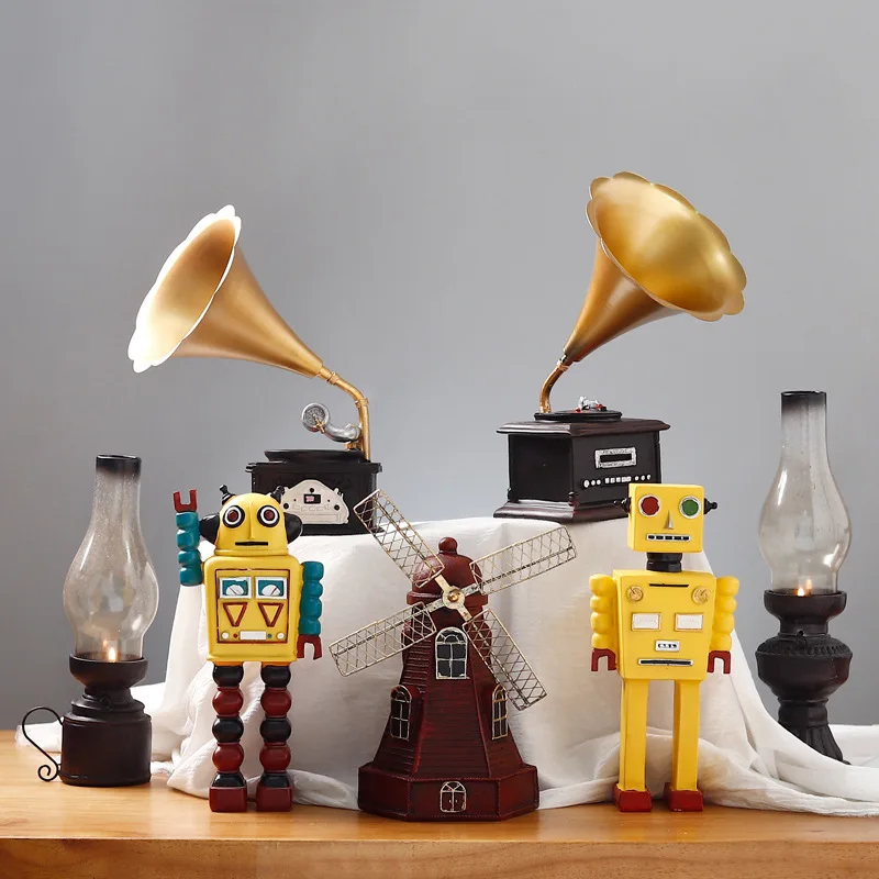 

Nordic Resin Vintage Phonograph Decoration Crafts Creative Retro Radio Old Gramophone Model Robot Windmill Ornaments Miniatures