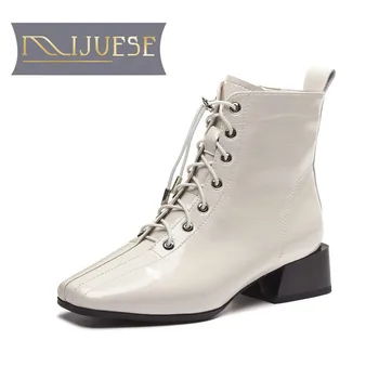 

MLJUESE 2021 women Ankle boots Cow leather Winter short plush Square Toe Zipper Lace-Up Med heels female boots size 42