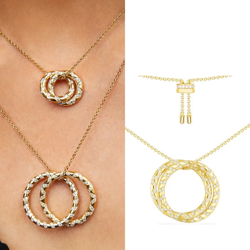 

Real 925 Sterling Silver Yellow Gold Color Intertwined Large Double Circle Charm Necklace Micro Cubic Zircon Women Mana Jewelry