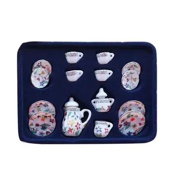 

15 Pcs 1:12 Miniature Dollhouse Porcelain Dinnerware Tea Set Tableware Cup Plate Colorful Floral Print QX2D