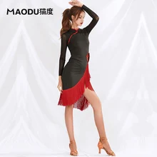 Платье с длинными рукавами и кисточками, современное платье для латинских танцев, цельное платье для женских бальных костюмов, одежда для выступлений MD9139