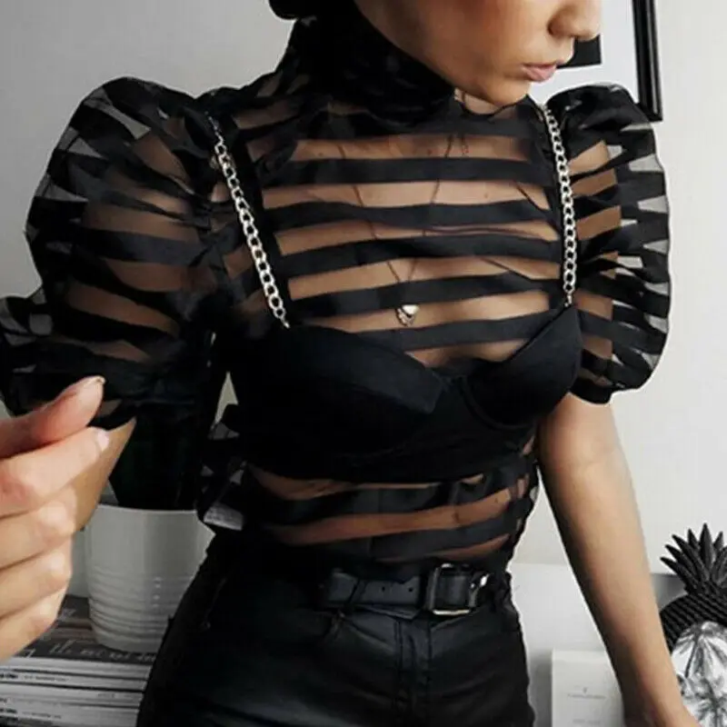 

Hirigin Fashion Women See Through Tops Shirts Sheer Mesh Striped Blouse Short Puff Sleeve Shirt Elegant Bow Female Blusas OL