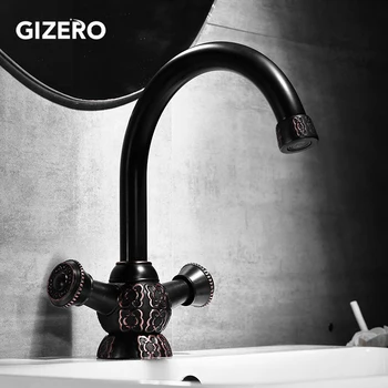 

GIZERO Black Bronze Faucets Double Handle Copper Carved Basin Sink Faucet 360 Degree Spout Vanity Mixer Taps GI160