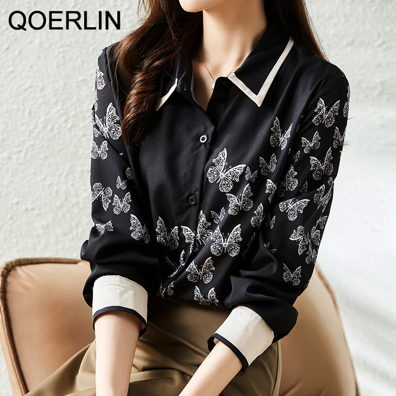 QOERLIN Women Black Shirts Long Sleeve Turn-Down Collar Office Workwear Female Button Up Blouse Elegant Tops 2022 New black gray canvas apron leather strap hairdresser barber florist workwear barista bartender baker pastry waitstaff uniform d92