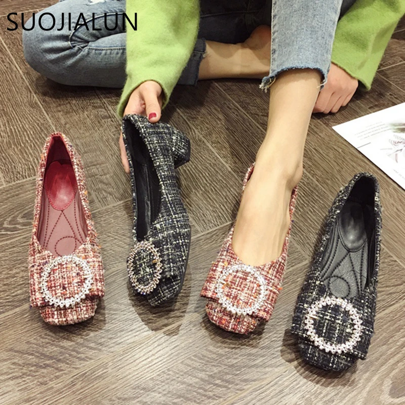 

SUOJIALUN New Arrivals Women Flats Shoes Fashion Rhinestone Round Toe Single Shoes Shallow Slip On Comfort Flat Casual Shoes