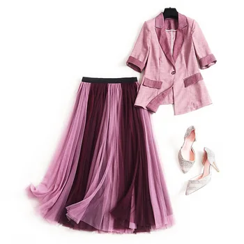 

Women purple color block blazer suit new 2020 spring summer long mesh skirt asymmetric blazers office lady elegant two piece set