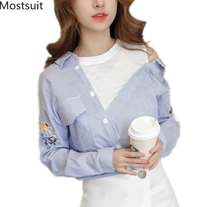 

2019 Autumn Blue Striped Shoulder Open Shirts Blouses Women Floral Embroidery Plus Size Long Sleeve O-neck Elegant Office Blusas