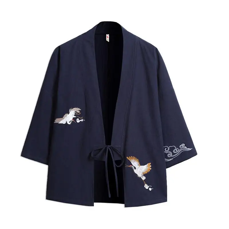 Винтажная вышивка Солнцезащитная Национальная Мужская хлопковая блузка свободное кимоно юката Азиатский летний мужской кардиган самурайская одежда для косплея - Цвет: Navy Blue