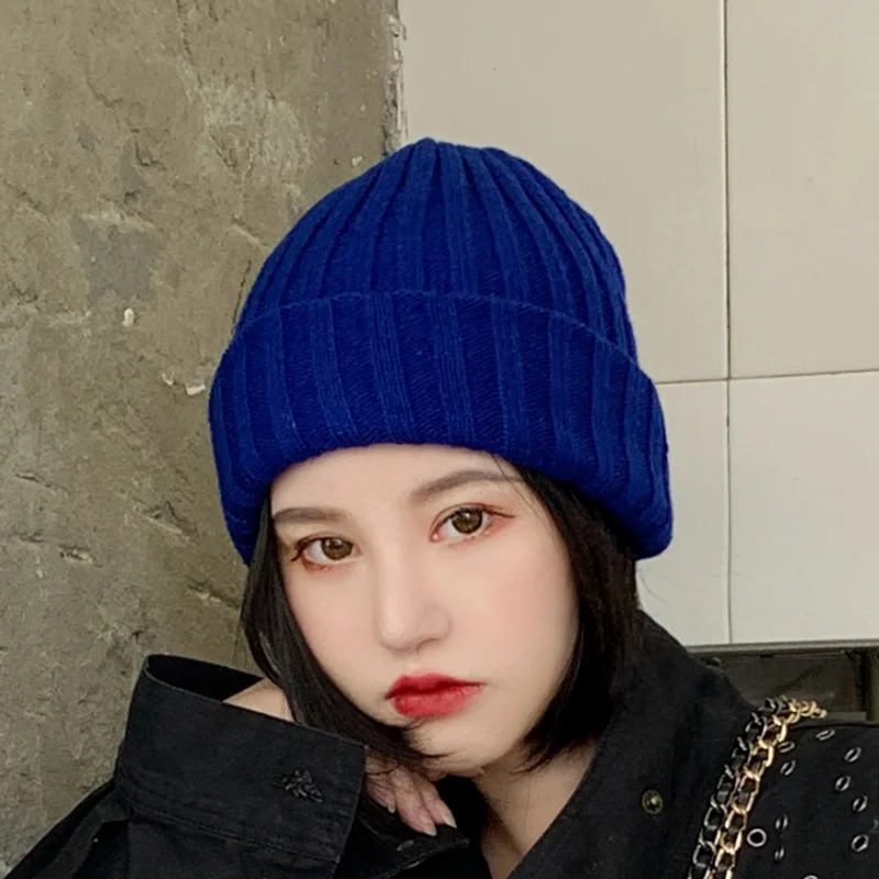 Женская однотонная Повседневная теплая вязаная шапка Skullies Beanies шапки бини женский корейский стиль Элегантный Красивая осенне-зимняя модная шапка - Цвет: navy