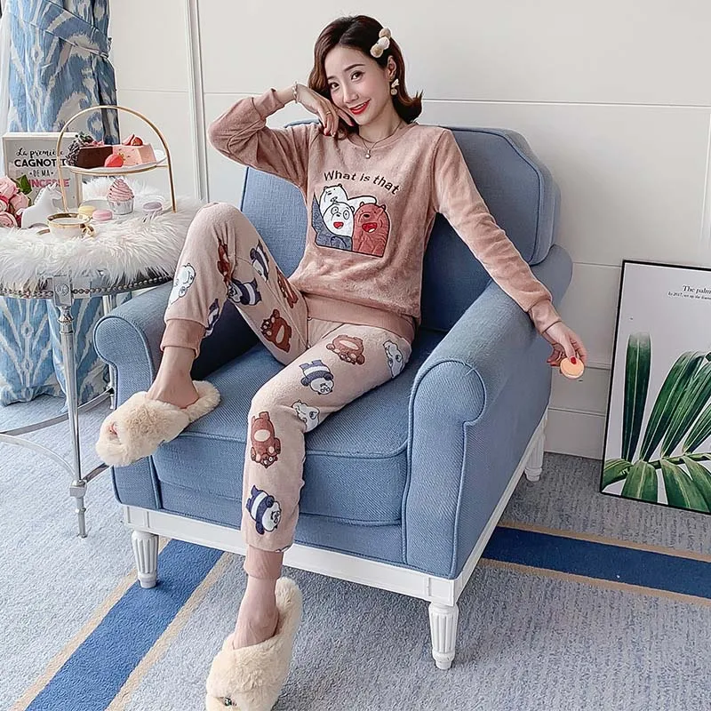 Panda And Bears Зимняя пижама из 2 предметов для женщин, теплая плотная Пижама с круглым вырезом, Фланелевая пижама с милым рисунком, домашняя одежда, костюм - Цвет: Panda And Bears