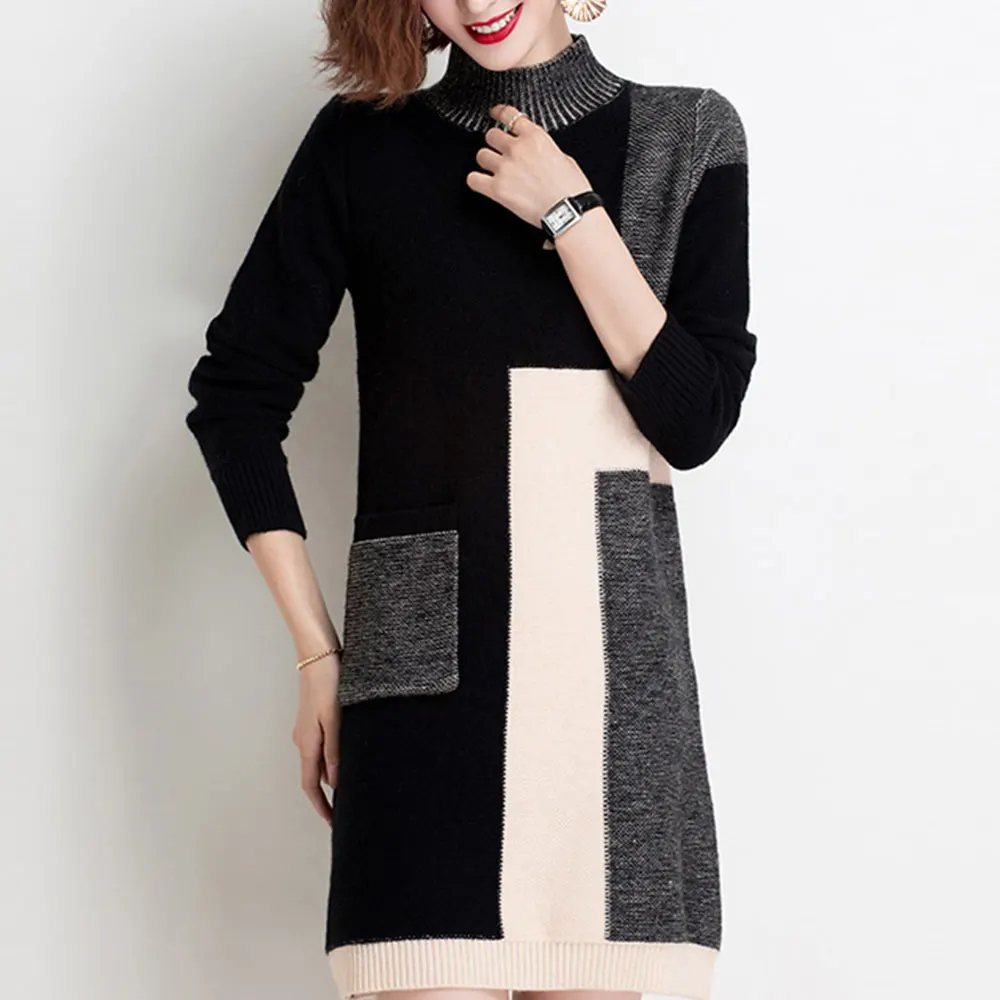YISU Autumn Winter Women Sweater Dress Turtleneck Sweater Dress Fashion Warm Knitted Pullover Dress Casual Female Jumper Dress