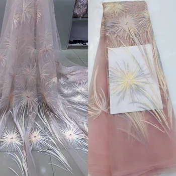 

6 colors (5yards/pc) High quality embroidered African French net lace fabric with tube beads and sequins for party dress FGY009