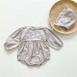 Autumn Newborn Girls Rompers Retro Style Flower Embroidery Infants Clothes Kids Children Cotton Jumpsuits