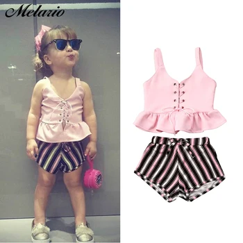 

Melario Baby Girls Clothes Summer Fashion Sleeveless V neck Vest and Striped Pants 2Pcs Clothes Set Girl Clothing for Children