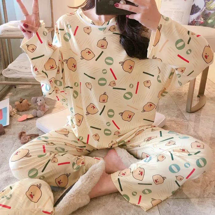

Spring And Autumn Pajamas Women's Autumn Long Sleeve Loose-Fit Korean-style Cute Printed Set Send Cloth Bag 170G Qmilch M -Xxl