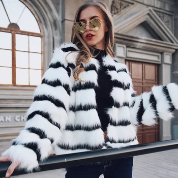 

European Style White And Black Striped Women Jackets Coat Slim Thicken Female Casaco Outerwear Artificial Fur Wool Overcoat