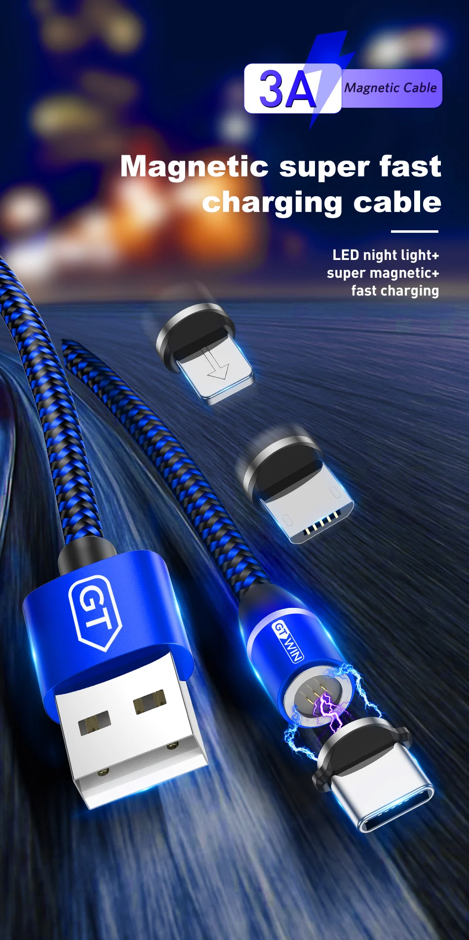 GTWIN 1 м/2 м Магнитный USB кабель 3A Быстрая зарядка Micro usb type C магнитное зарядное устройство для iPhone 11 XR samsung S10 huawei USB C кабели