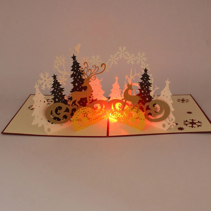  1pc Forest Deer 3D Stereo Greeting Cards with LED Light Music for Christmas Postcard Evening Party  - 4.00019E+12