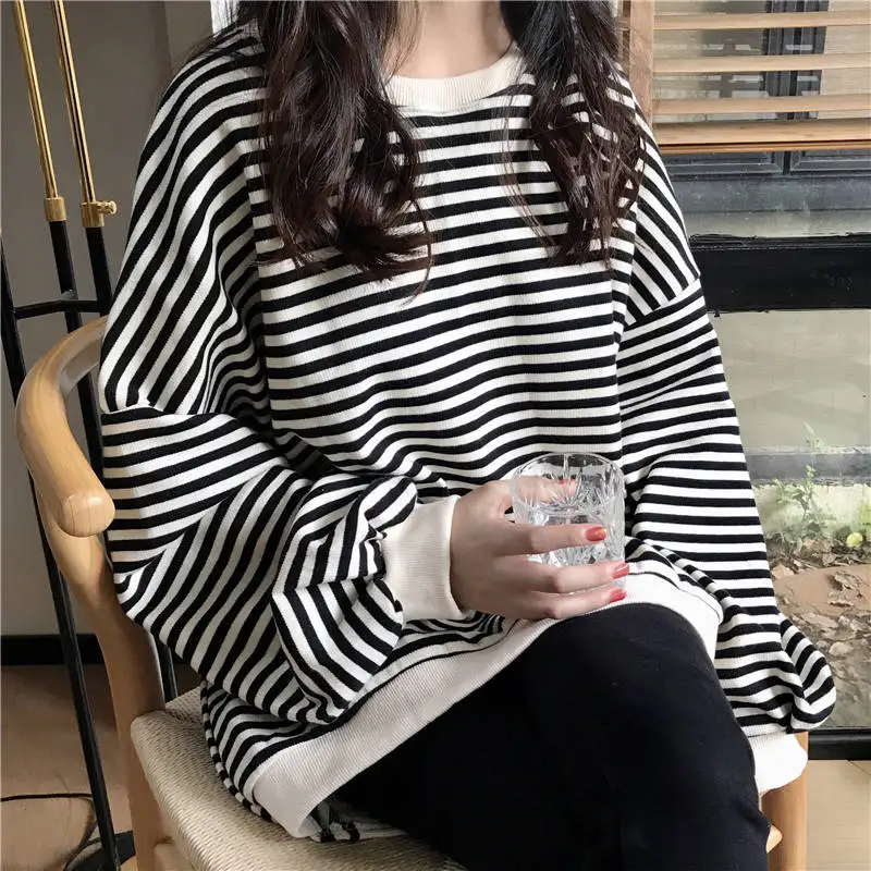 

Korean Autumn Long-Sleeve Loose Striped Sweatershirt Women Cotton Hoodies Black/Red/Yellow Simple Sweatshirt New Warm Tops M-2XL