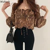 woherb sexy crop blouse Women Puff Sleeve snake print Elegant Lace Up summer thin blusas shirt 2021 korean Chic Female Shirts 1