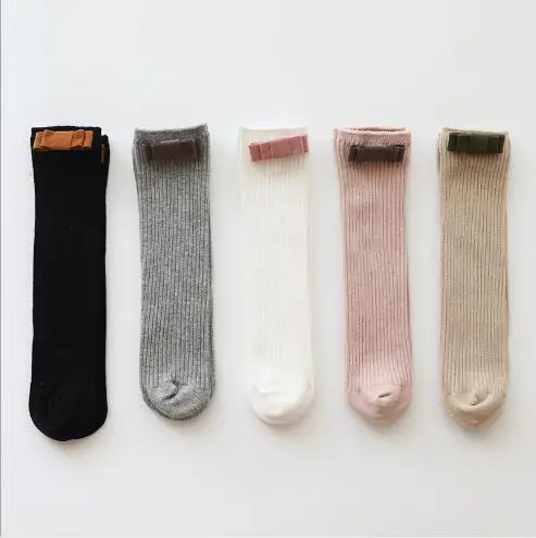 

5 pairs pack Autumn and winter new children's socks Pure color combed cotton baby long tube bow girls socks