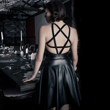 

Pentagram Hollow Out Mini Leather Dress Women Gothic Harajuku Sexy Black Dresses Female Streetwear Vintage Party Dress Vestidos