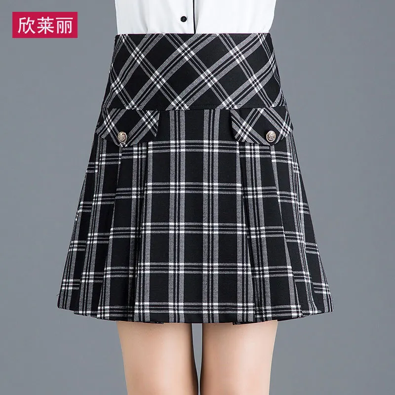 

Pleated Skirt Short Skirt Women's 2020 New Style WOMEN'S Dress Spring Black And White with Pattern Large Size A- line Skirt High