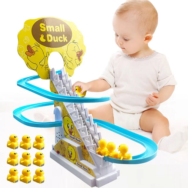 Electric Duck Climbing Stairs Slides Set with LED Flashing Lights Music Race Car Tracks Roller Coaster Kids Educational Toys 1