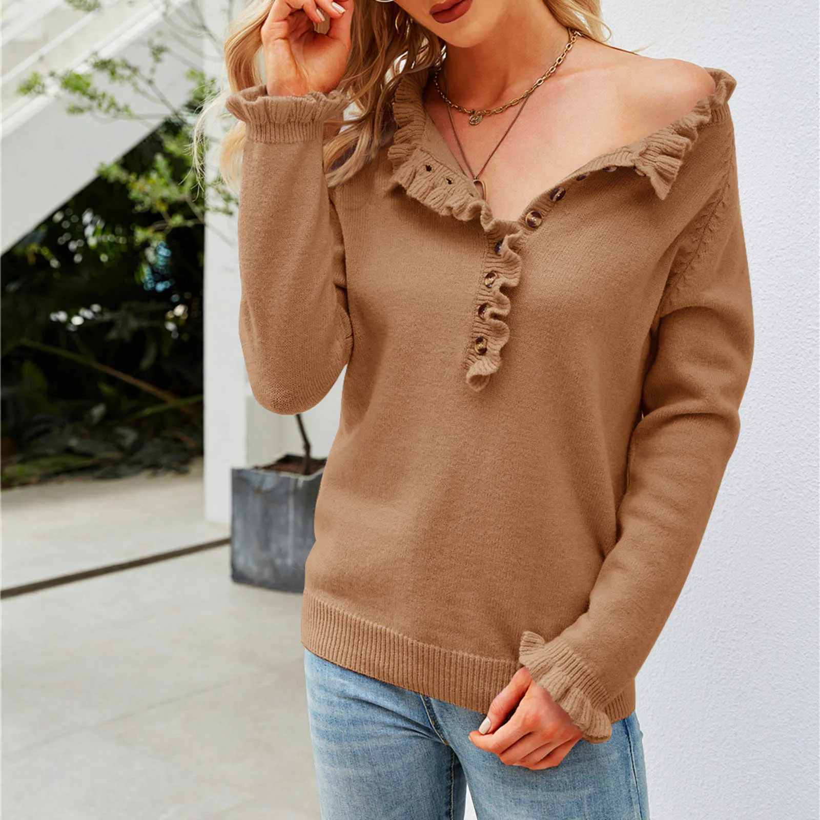 Womens V Neck Long Sleeve Ruffle Knit Oversized Sweaters Casual Solid Color Button Down Sweater Pullover Blouses Tops 