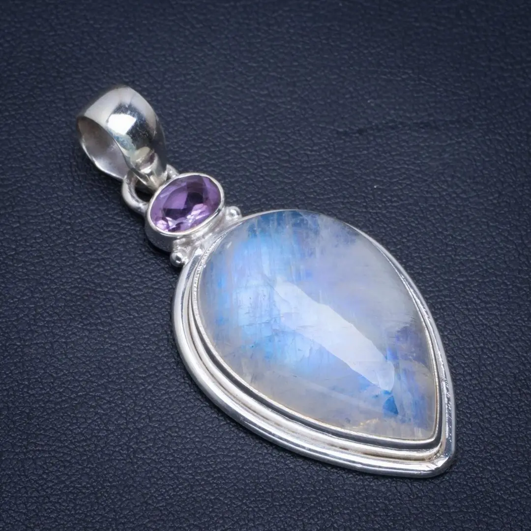 

Natural Rainbow Moonstone And Amethyst Handmade Unique 925 Sterling Silver Pendant 2" B3136