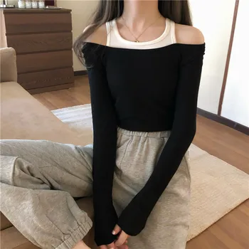 

PX2240 Off shoulder long sleeve fake two piece T-shirt